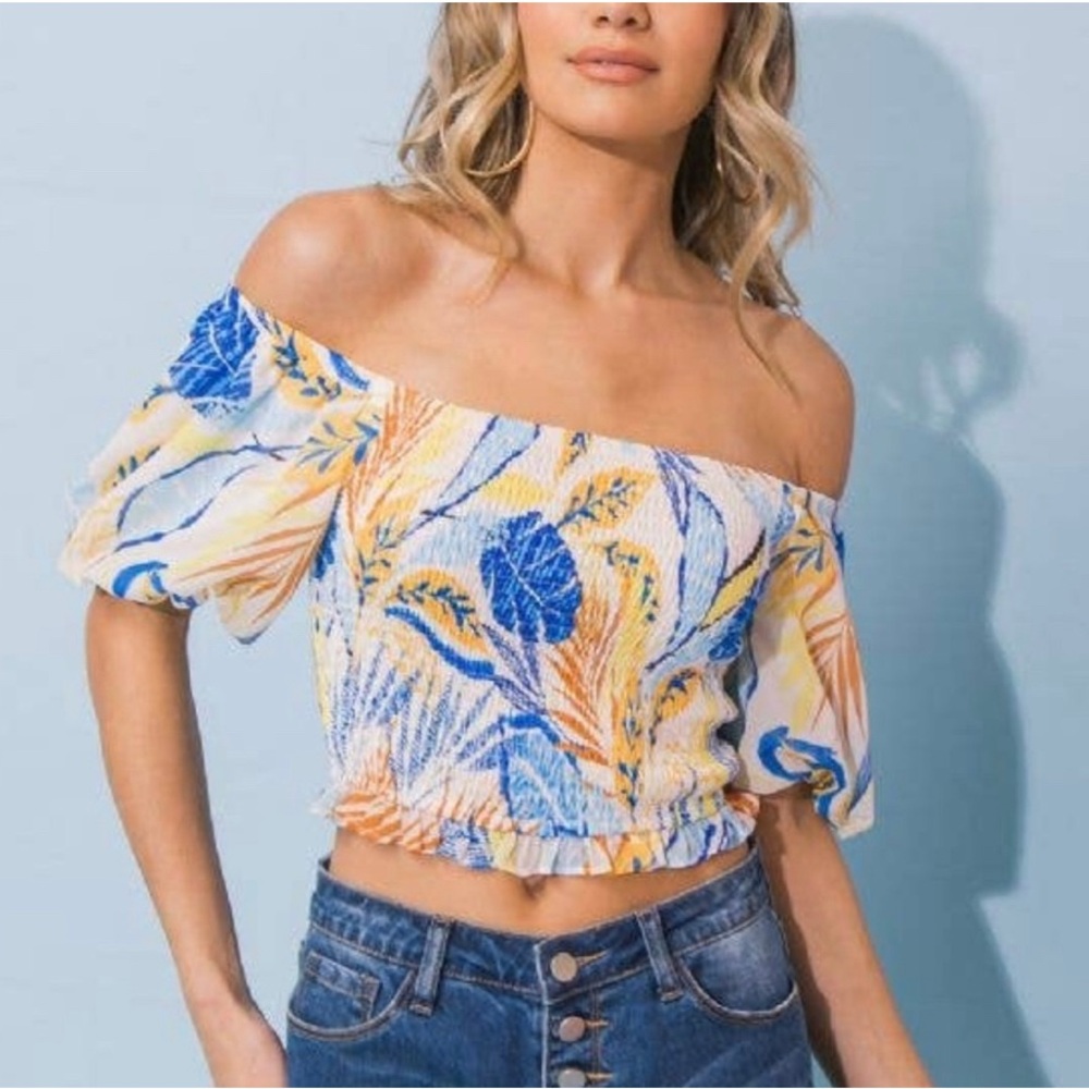 Tropical Print Woven Off Shoulder Top